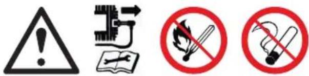 Four safety and smoking symbols: warning triangle, crossed-out arrow, cigarette with flame, and no-smoking circle.