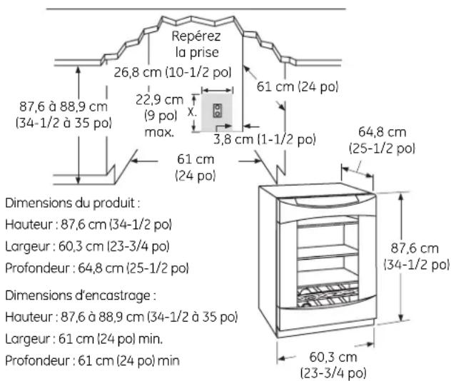 Repérez la prise 26,8 cm (10-1/2 po) 87,6 à 88,9 cm (34-1/2 à 35 po) 22,9 cm (9 pol) max. x. 61 cm (24 po) 3,8 cm (1-1/2 po) 64,8 cm (25-1/2 po) 61 cm (24 po) 87,6 cm (34-1/2 po) Dimensions du produit : Hauteur : 87,6 cm (34-1/2 po) Largeur : 60,3 cm (23-3/4 po) Profondeur : 64,8 cm (25-1/2 po) Dimensions d'encastrage : Hauteur : 87,6 à 88,9 cm (34-1/2 à 35 po) Largeur : 61 cm (24 po) min. Profondeur : 61 cm (24 po) min 60,3 cm (23-3/4 po)
