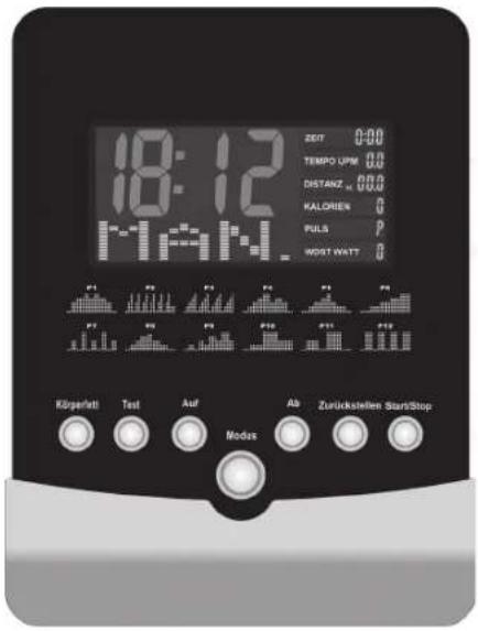18:12 PMAN ZEIT 0:00 TEMPO UPM 0.0 DISTANZ W 0.0 KALORIEN G PULS P MOST WATT G Körperlei Test Auf Ab Zurückstellen Start/Stop Modes