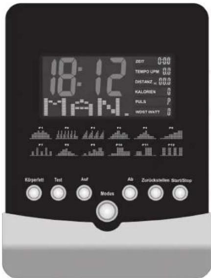 18:12 MAY. ZERT 0:00 TEMP OPM 0.0 DISTANZ 0.00 KALOREN G PULS P HOST WATT G Körperfett Test Auf Ab Zurückstellen StartStop Modes