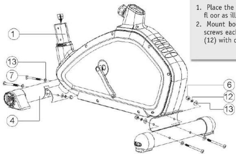 1. Place the floor as ill 2. Mount boots screws each (12) with o 3. 4 5 6 7 8 9 10 11 12 13