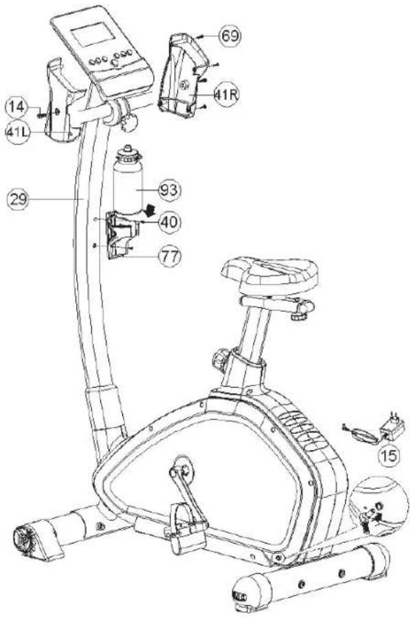 Technical diagram of a stationary exercise bike with numbered components and labeled parts