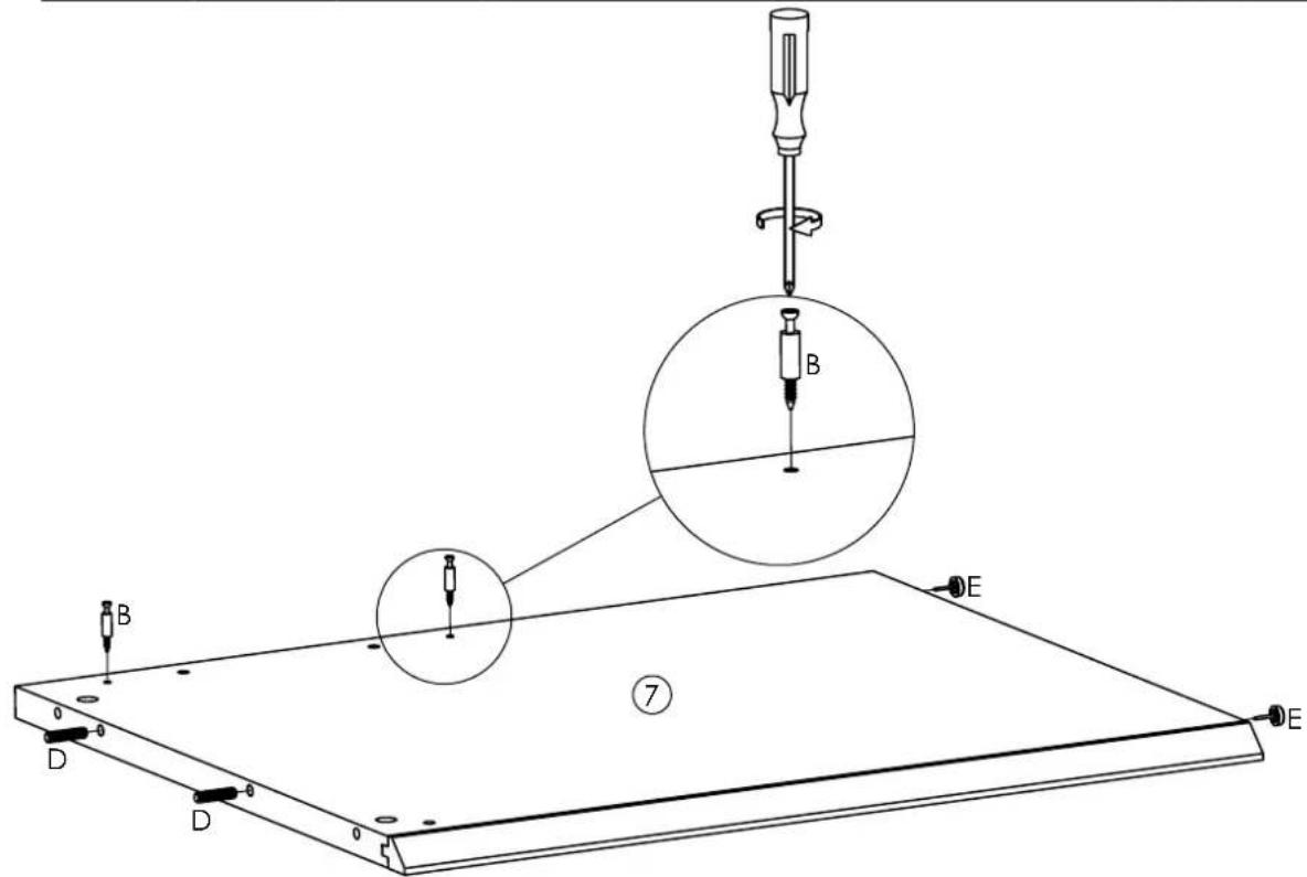 Technical diagram showing a mechanical setup with labeled components A, B, D and reference points E, marked as figure 7.