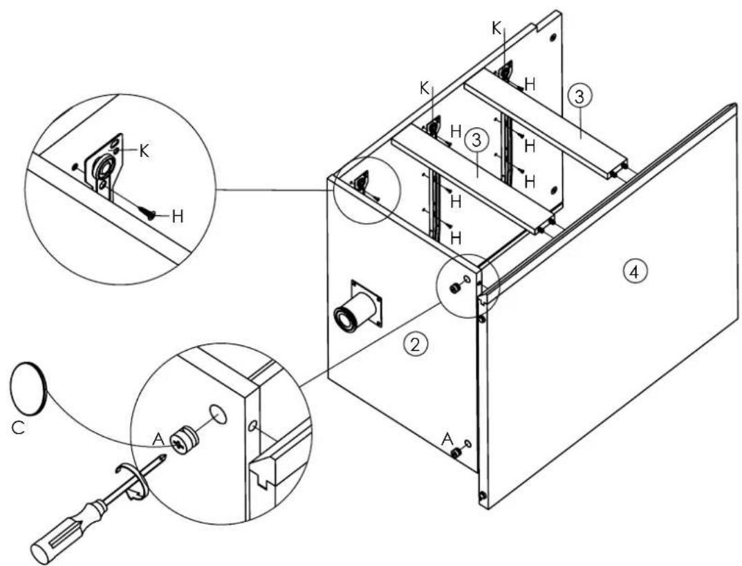 Technical diagram of a mechanical device with labeled components and cross-sectional views