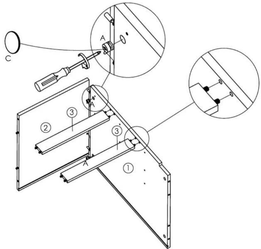 Technical diagram of a mechanical assembly with labeled parts and cross-sectional views