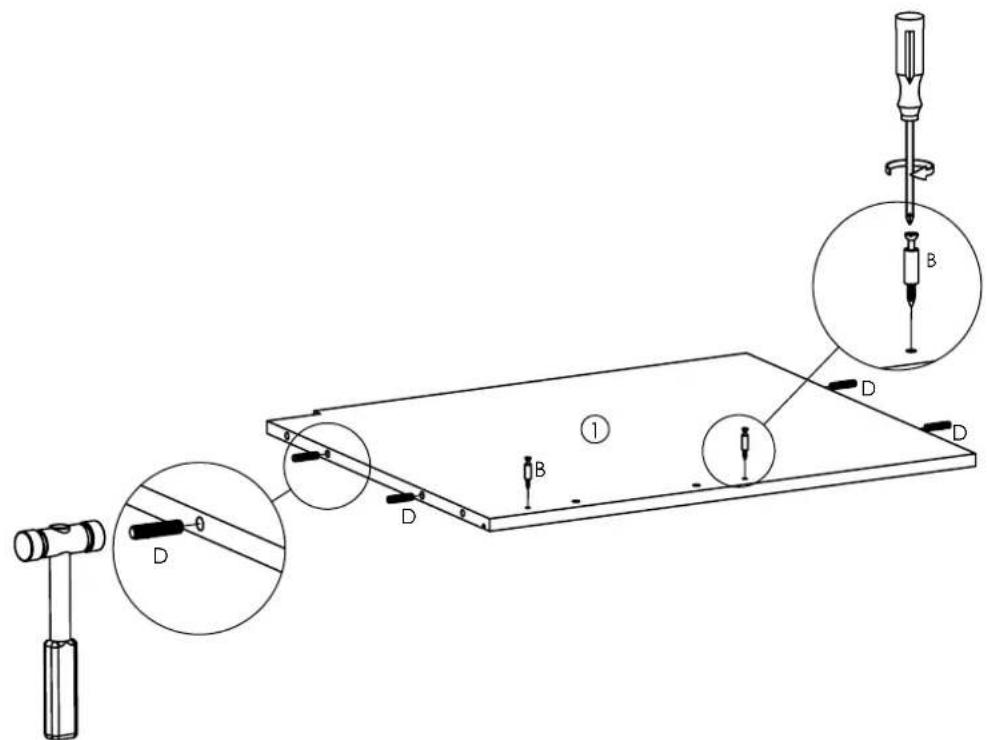 Technical diagram showing a mechanical assembly with labeled components and tool tips, including a hammer, screwdriver, and screwdriver.