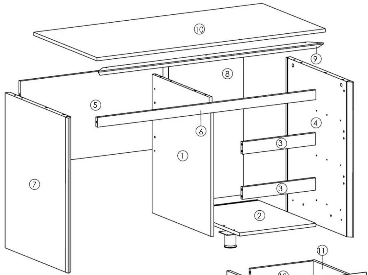 Technical diagram of a multi-level cabinet or enclosure with numbered components for identification.