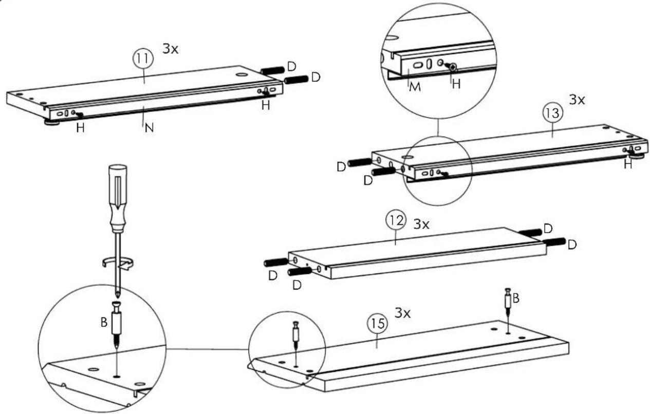 Technical diagram showing exploded view and assembly of a mechanical component with labeled parts and 3x magnified views