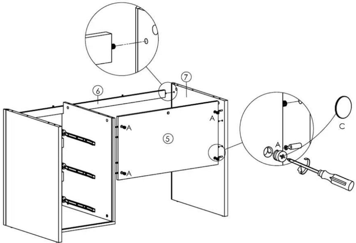 Technical diagram of a server rack with labeled components and close-up views showing internal structure and assembly details.