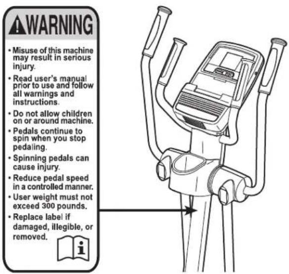 NordicTrack E5vi - EMPLACEMENT DE L'AUTOCOLLANT D'AVERTISSEMENT - 1