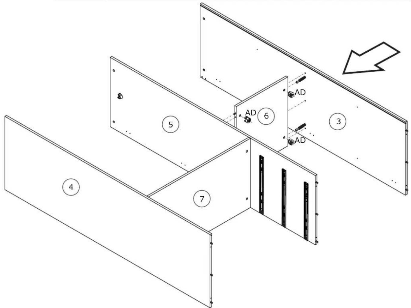 Technical diagram of a multi-panel installation with labeled components and directional arrow indicating movement or assembly.