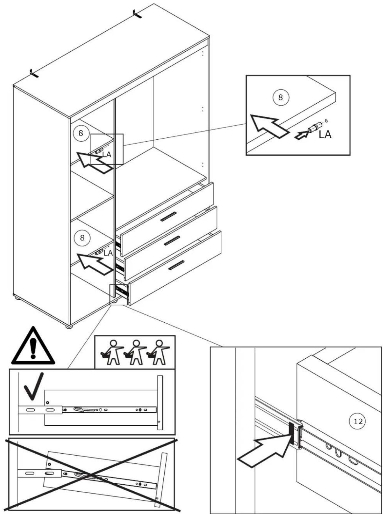 Technical diagram illustrating a multi-level storage or rack system with labeled components and safety warnings.