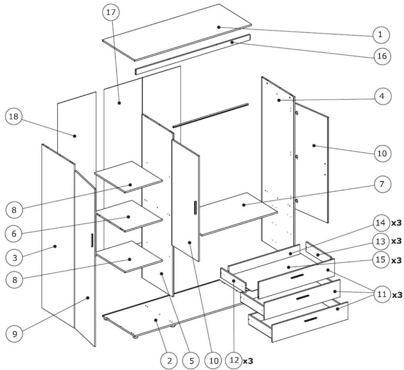Technical diagram of a multi-level storage or rack system with numbered components and cross-sectional views