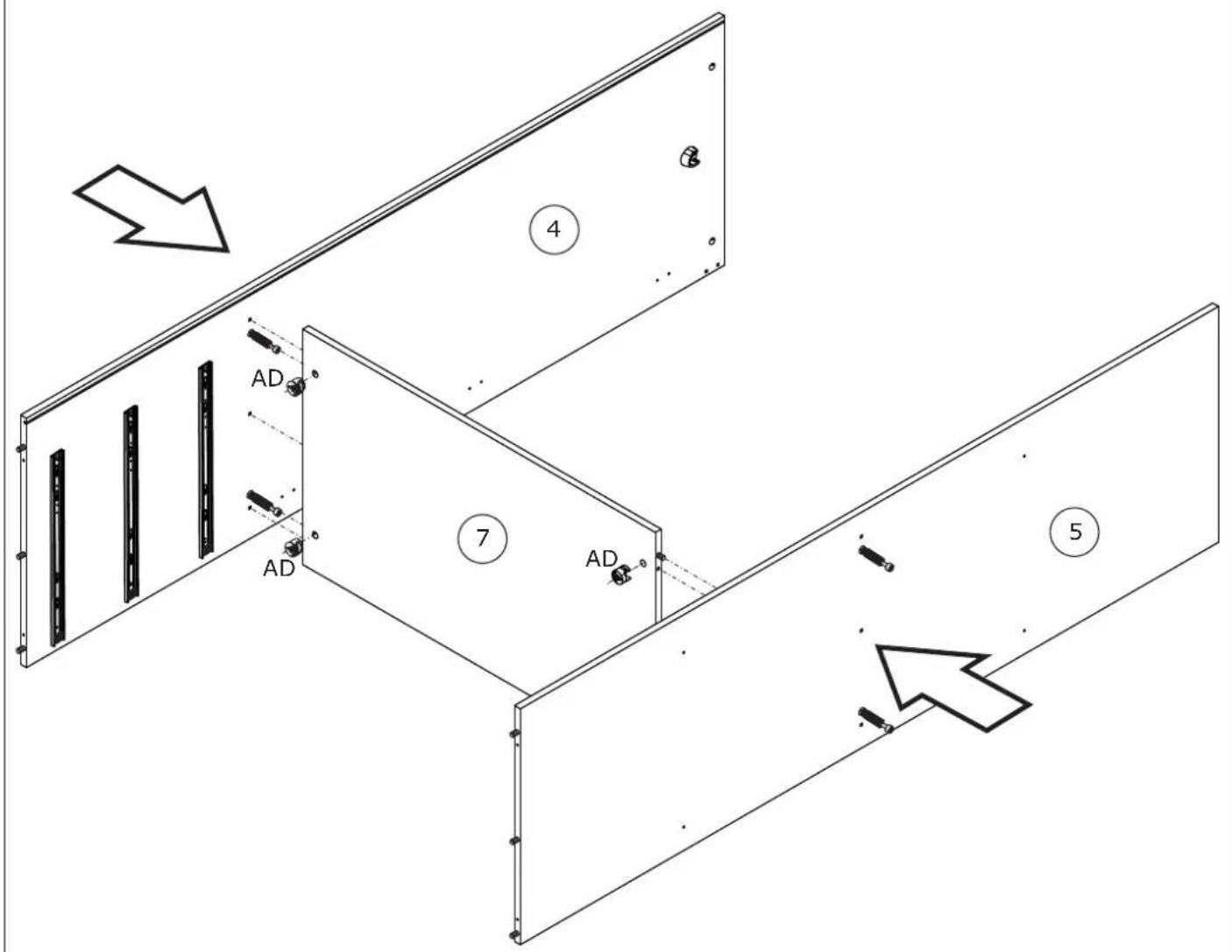 Technical diagram showing assembly steps of a panel with labeled components and directional arrows indicating movement.