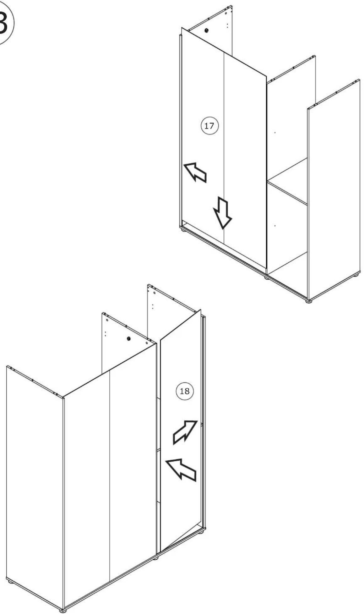 Technical diagram showing two views of a cabinet with labeled parts and directional arrows indicating movement or assembly.
