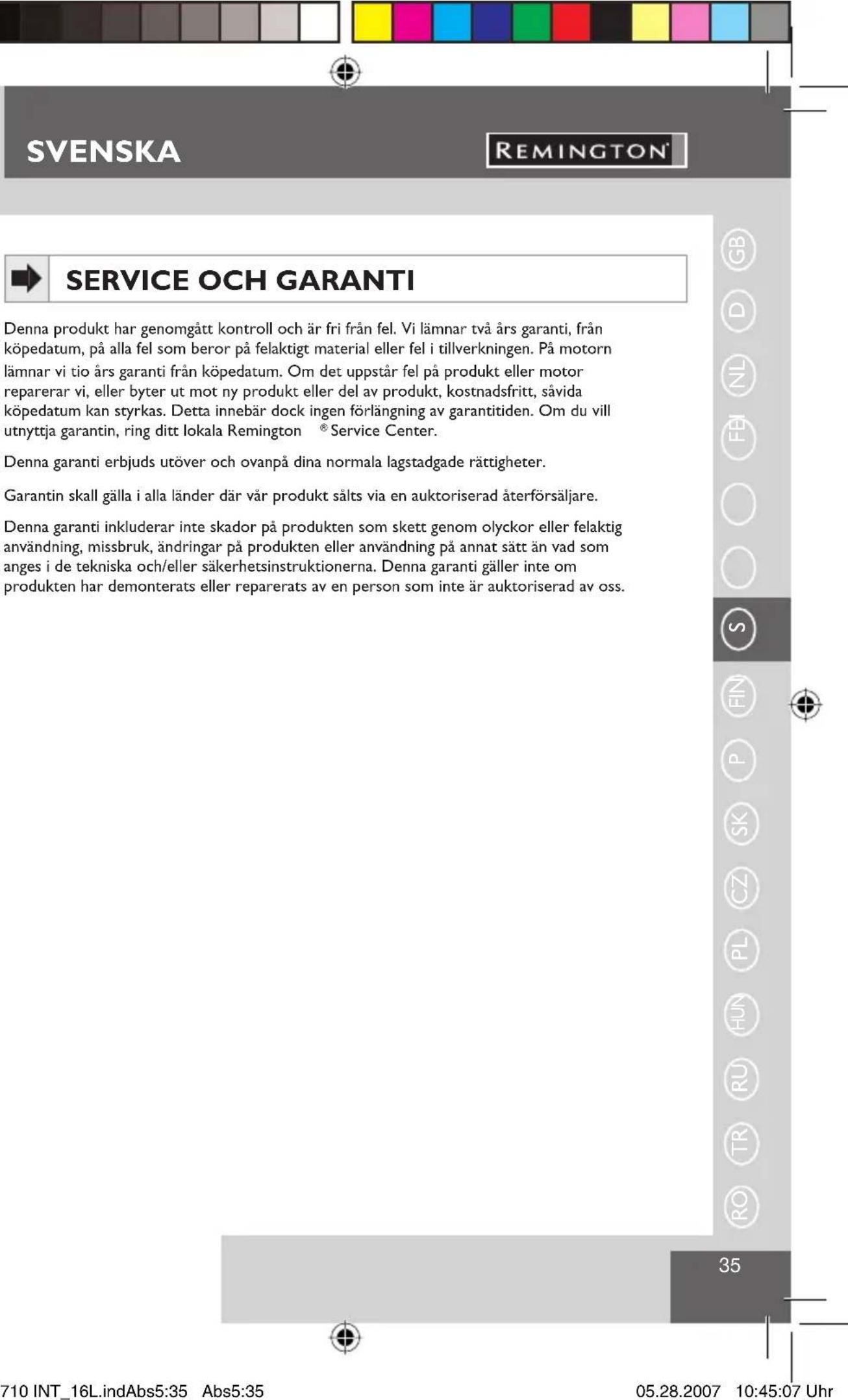 REMINGTON HC710 - VARNING: - 2