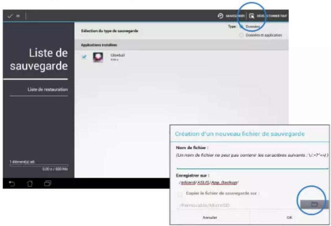 ASUS Transformer Pad TF300TL - Pour utiliser l'utilitaire Sauvegarde d'application : - 1