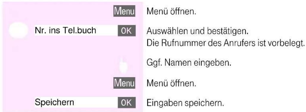 T-Mobile Sinus 700K - Angezeigte Rufnummer in das Telefonbuch übernehmen - 1