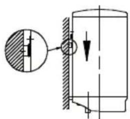 Technical diagram showing a mechanical assembly with a circular component and a cylindrical tank, including directional arrows and cross-sectional details.