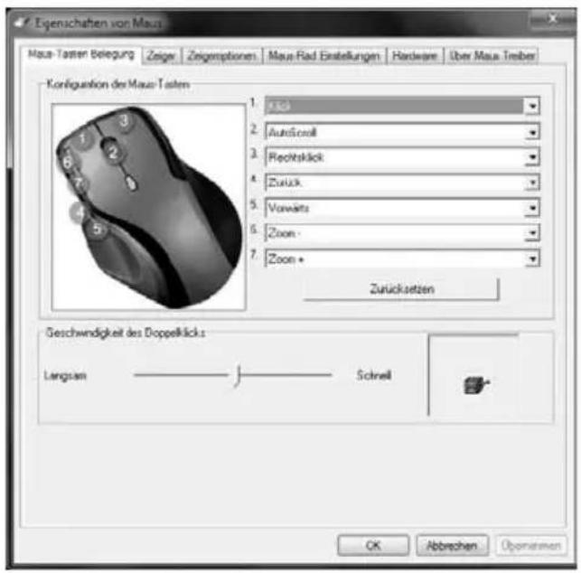 Eigenschaften von Maus Maus-Taster Belegung Zeiger Ziegenvoptionen Maus-Rad Einstellungen Hardware Über Maus Treiber Konfiguration des Maus Tastern 1. AutoScroll 2. Rechtsklick 3. Zurück 4. Vorwärts 5. Zoom - 6. Zoom * Zurücksetzen Geschwindigkeit des Doppelklicks Langsam Schnell OK Abbrechen Öpomessen