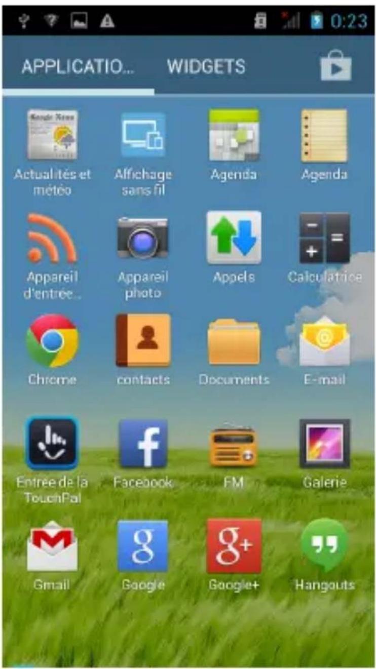 APPLICATION... WIDGETS Actualités et météo Affichage sans fil Agenda Agenda Appareil d'entrée... Appareil photo Appels Calculatrice Chrome contacts Documents E-mail Entree de la TouchPal Facebook FM Galerie Gmail Google Google+ Hangouts