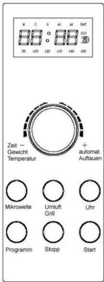 M C G Ac Ar Det 80 100 120 140 160 180 210 20 Zeit — Gewicht Temperatur + automat. Auftauen Mikrowelle Umluft Grill Uhr Programm Stopp Start