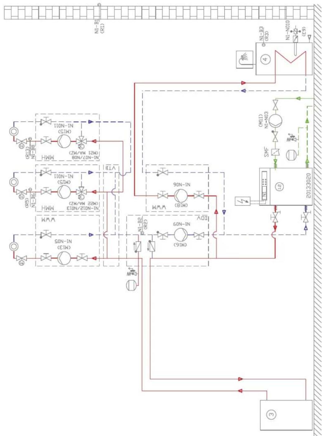 DIMPLEX SIH 20TE - Monovalente Wärmepumpenanlage mit 3 Heizkreisen und Warmwasserbereitung / Monovalent heat pump system with three heating circuits and domestic hot water preparation / Installation monovalente de pompe à chaleur avec trois circuits de chauffage et production d'eau chaude sanitaire - 1