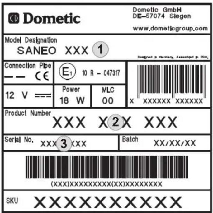 DOMETIC Saneo BW - Typeplaatje van het toilet - 1