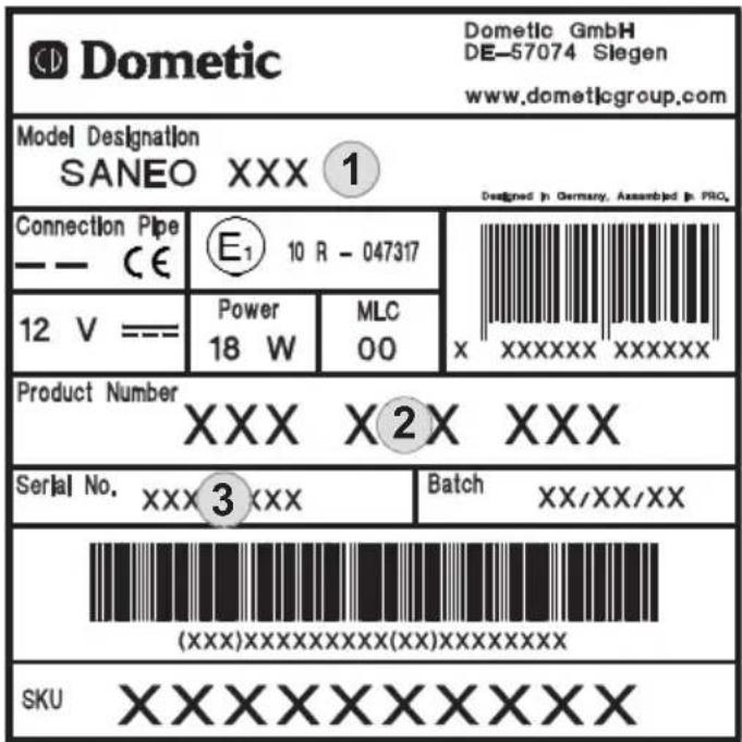 DOMETIC Saneo BW - Type plate of the toilet - 1
