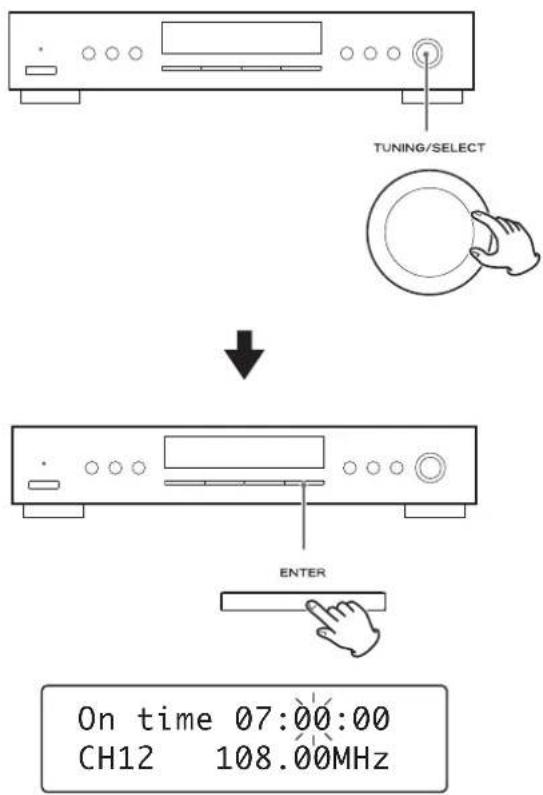 TEAC Lago - Verdraai de TUNING/SELECT knop om de starttijd (uur) in te stellen en druk vervolgens op de ENTER toets. - 1
