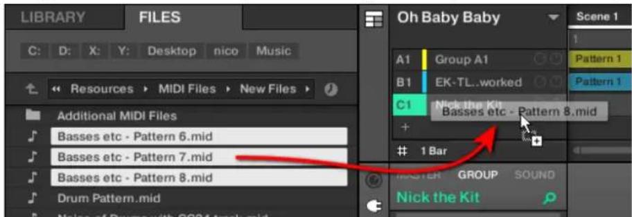 NATIVE INSTRUMENTS Maschine Mikro MK2 - Pour importer plusieurs fichiers MIDI dans un group : - 1