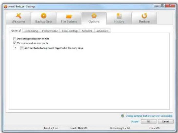 AVAST BackUp - Options tab - 1