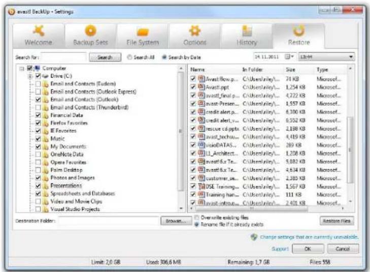 AVAST BackUp - Restore tab - 1