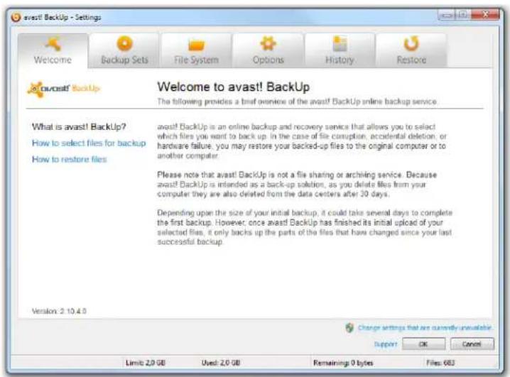 AVAST BackUp - Using the Settings window - 1