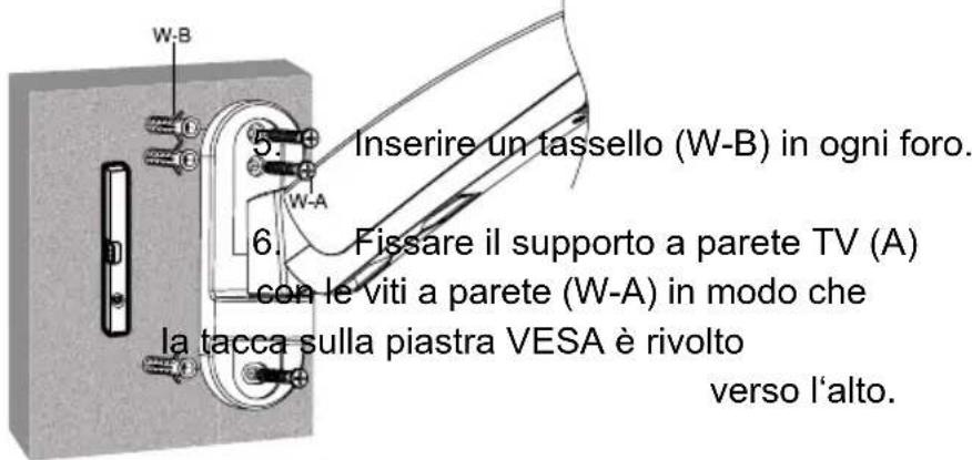 W-B 5. Inserire un tassello (W-B) in ogni foro. 6. Fissare il supporto a parete TV (A) con le viti a parete (W-A) in modo che la tacca sulla piastra VESA è rivolto verso l'alto.