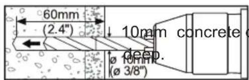 60mm (2.4") ↓ 10mm concrete deep. Ø 10mm (Ø 3/8")