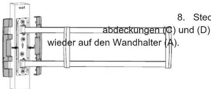8. Steck abdeckungen (C) und (D) wieder auf den Wandhalter (A).