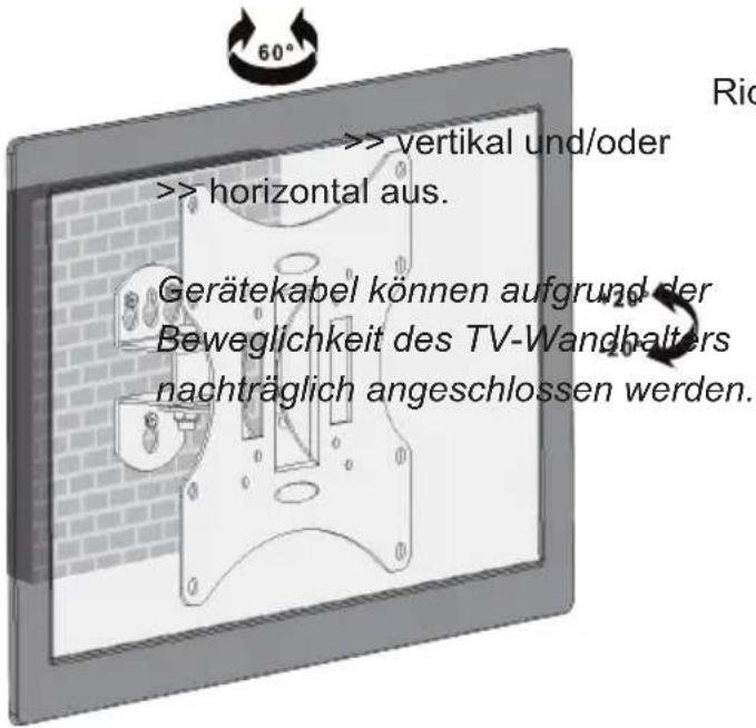> vertical und/oder >> horizontal aus. Gerätekabel können aufgrund der Beweglichkeit des TV-Wandhalters nachträglich angeschlossen werden.