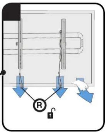 Diagram showing a mechanical system with pulleys, a weight, and a lock mechanism, labeled with blue arrows and a 'R' symbol.