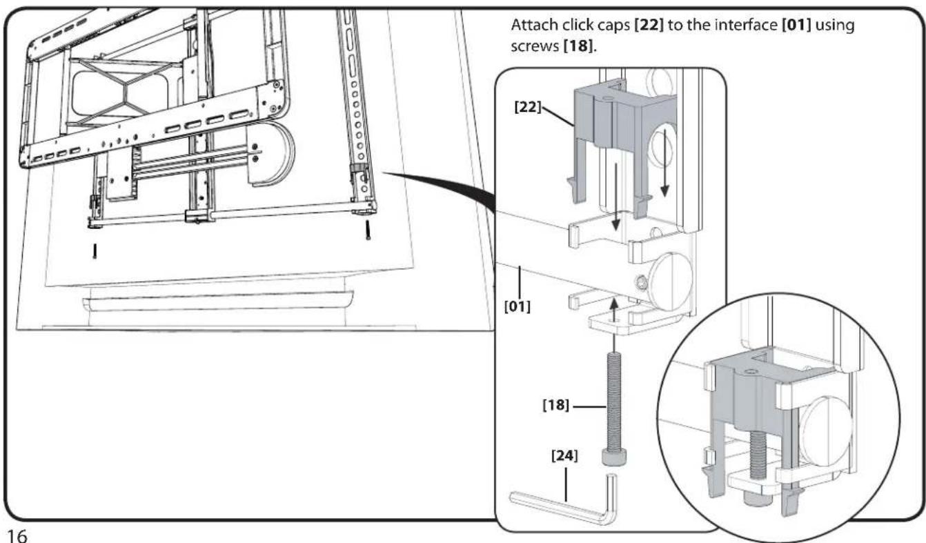 Attach click caps [22] to the interface [01] using screws [18]. [22] [01] [18] [24]