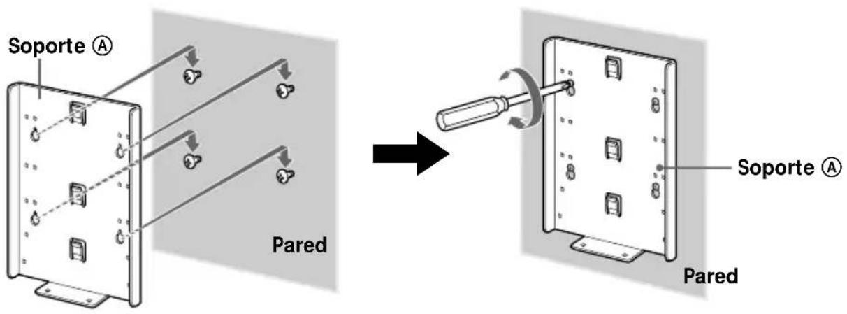 SONY SUW200 - Presione el soporte Ⓐ contra la pared y deslícelo hacia abajo. A continuación, apriete completamente los cuatro tornillos en la pared. - 1