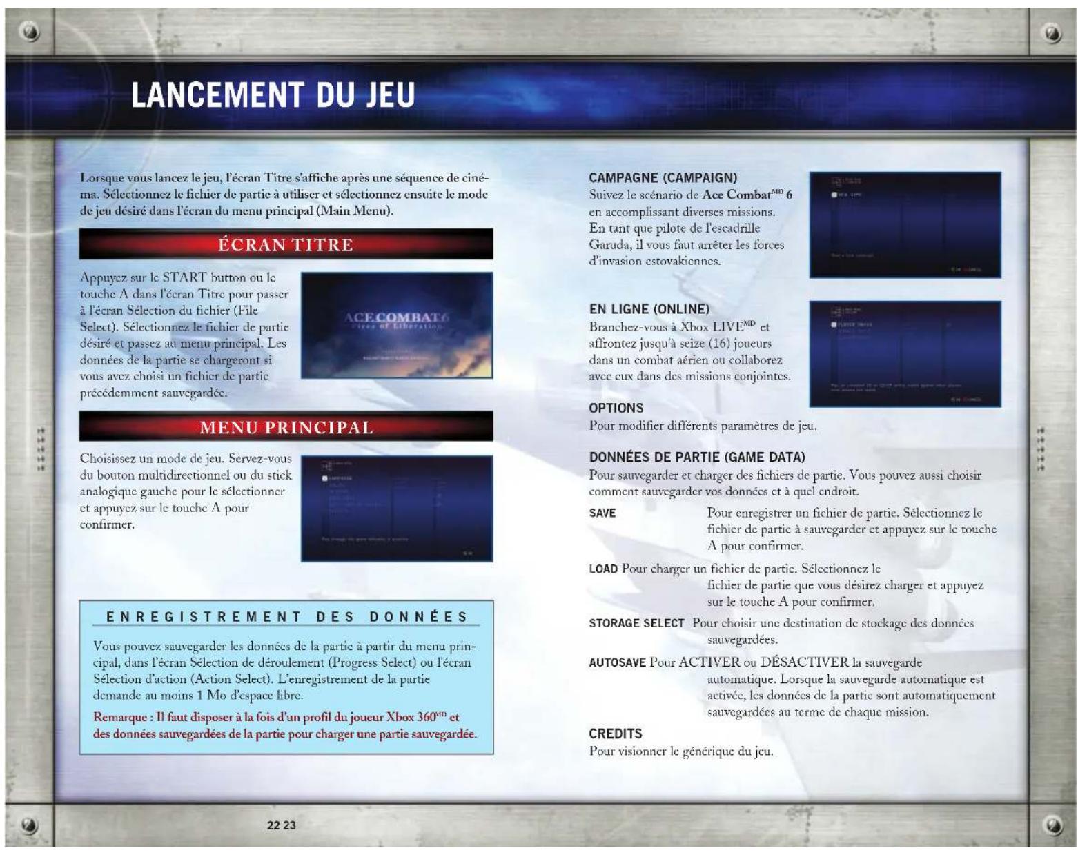MICROSOFT Ace Combat 6 Fires of Liberation (Xbox 360) - TABLE DES MATIÈRES - 1