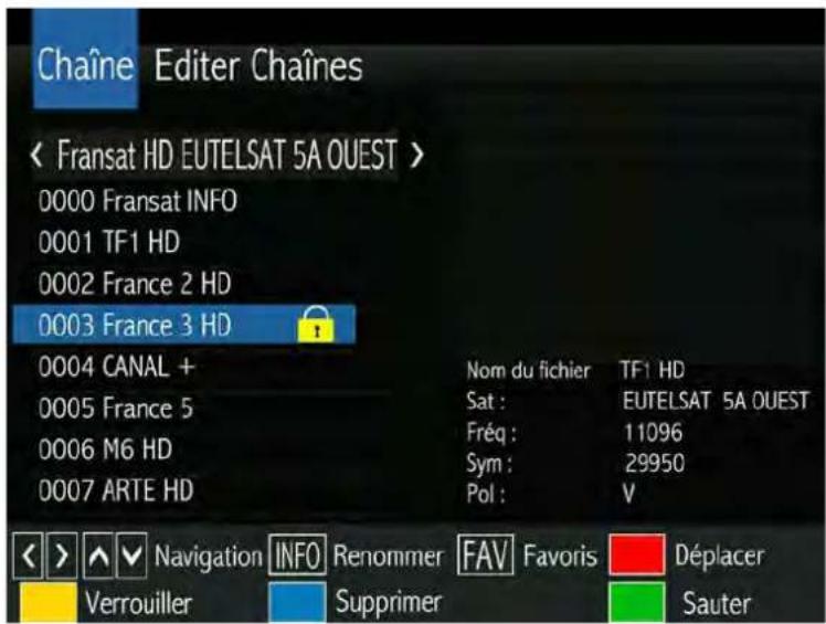 SERVIMAT Sirius HD (Fransat) - LE SOUS MENU EDITER CHAINES (Verrouiller une chaine) - 1