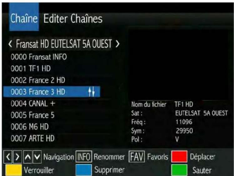 SERVIMAT Sirius HD (Fransat) - LE SOUS MENU EDITER CHAINES (Déplacer une chaine) - 1