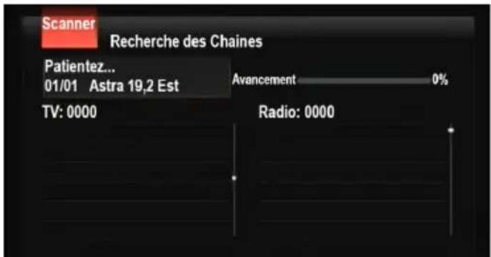 Scanner Recherche des Chaines Patientez... 01/01 Astra 19,2 Est Avancement 0% TV: 0000 Radio: 0000