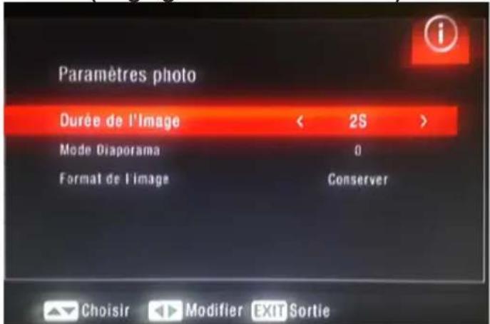 Paramètres photo Durée de l'Image < 2S > Mode Diaporama 0 Format de l'image Conserver Choisir Modifier Exit Sortie