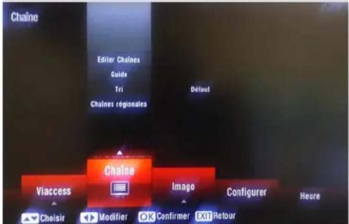 Chaine Editor Chains Guide Tri Chaines régionales Défaut Chaine Viaccess Image Configurer Heure Choisir Modifier OK Confirmer EXIT Retour