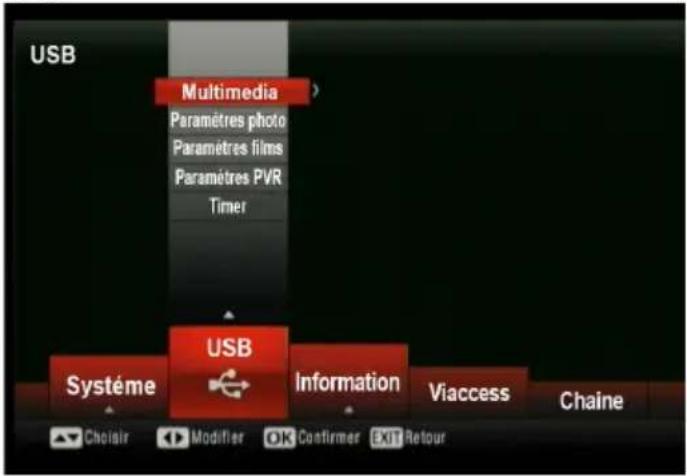 USB Multimedia Paramètres photo Paramètres films Paramètres PVR Timer USB Système Information Viaccess Chaine Choirier Modifier OK Confirmer EXIT Retour