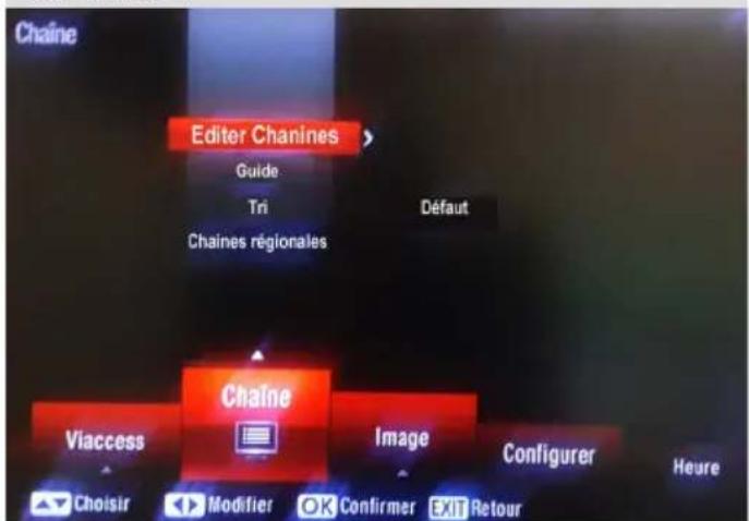 Chaine Editor Chanines > Guide Tri Défaut Chaines régionales Chaine Viaccess Image Configurer Heure Choisir Modifier OK Confirmer EXIT Retour