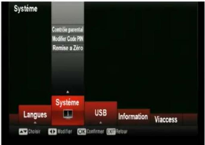 Système Contrôle parental Modifier Code PIN Remise a Zéro Système Langues USB Information Viaccess Choisir Modifier OK Confirmer EXIT Retour